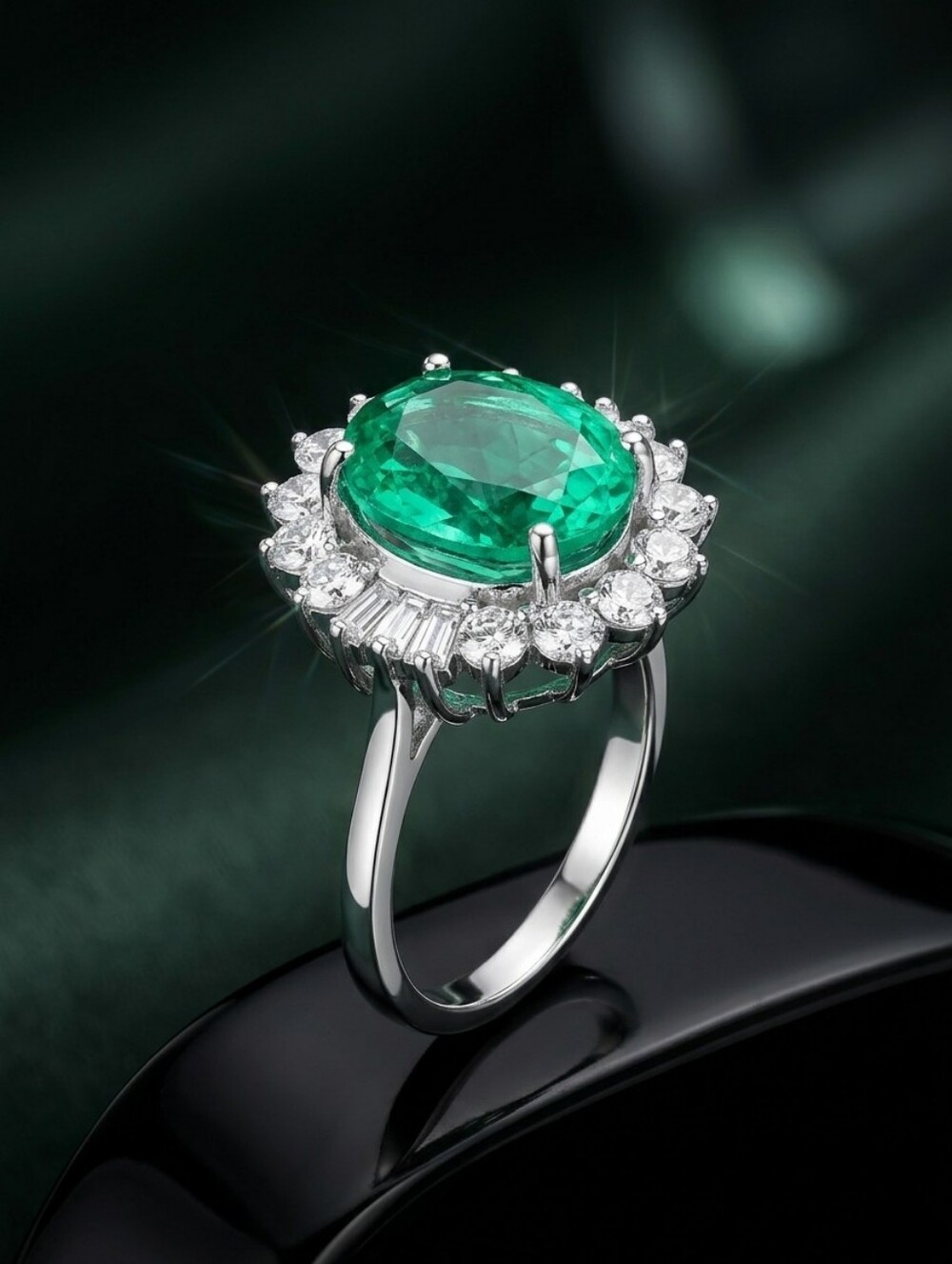 Emeraldine Quartz (Triplet) & White Zircon Sunburst Ring In Platinum Over 925